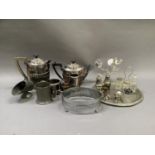 Silver plated ware including teapot, hot water jug of half reeded design, cruets, tray, casserole