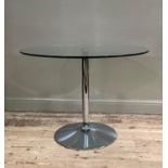 A glass topped chrome pedestal breakfast table (no bolt - needs double headed bolt)