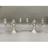 A pair of presentation plate silver on copper three light candelabra with reeded arms, baluster