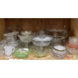 Moulded glass cake stands, pedestal dishes, fruit bowls, jugs, celery vases etc