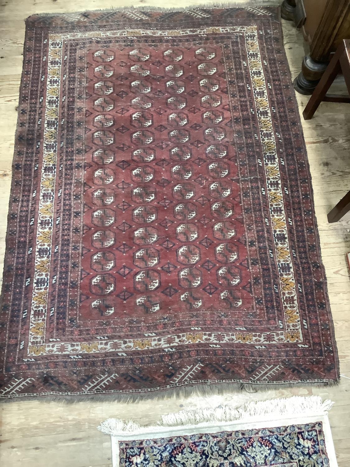 A Bokhara rug of crimson ground with four rows of elephant feet medallions within multiple