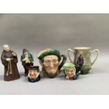 Royal Doulton toby jugs, 'Auld Mac' large, 'Sairey Gamp' small, another small, Hamlet series ware