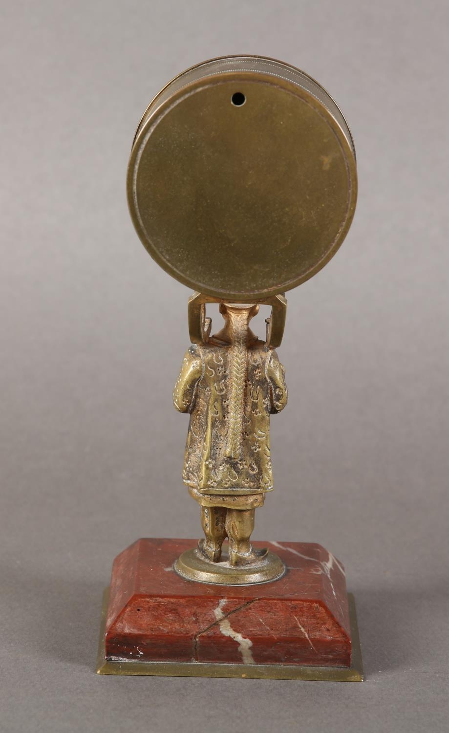 A late 19th century gilt-brass desk barometer, the drum casing held aloft by the figure of a China - Image 12 of 12