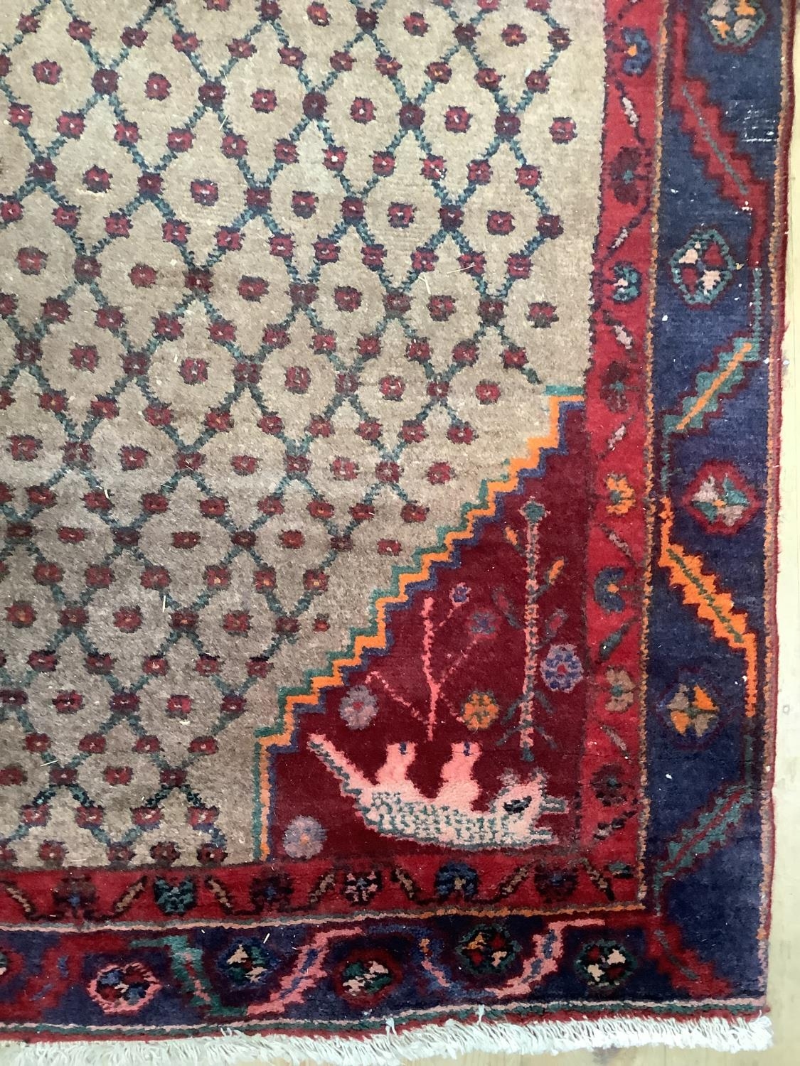 A Middle Eastern style runner the camel field having a central medallion of pale blue with - Image 4 of 4