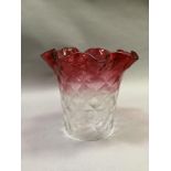 A Victorian cranberry tinted and etched light shade with folded rim and diamond quilted moulded