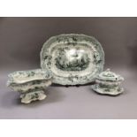 19th century Ancient Ruins pattern meat dish, sauce tureen cover and stand and a pedestal dish