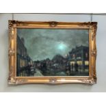 R Furniss, an Edwardian street scene under moonlight with figures, coaches and horses under