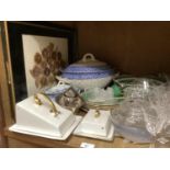 A large blue and white and sepia floral patterned tureen and cover, green glazed dessert plates, a