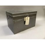 A steel strong box with side carrying handles complete with key, 40cm wide x 27cm deep x 26.5cm high