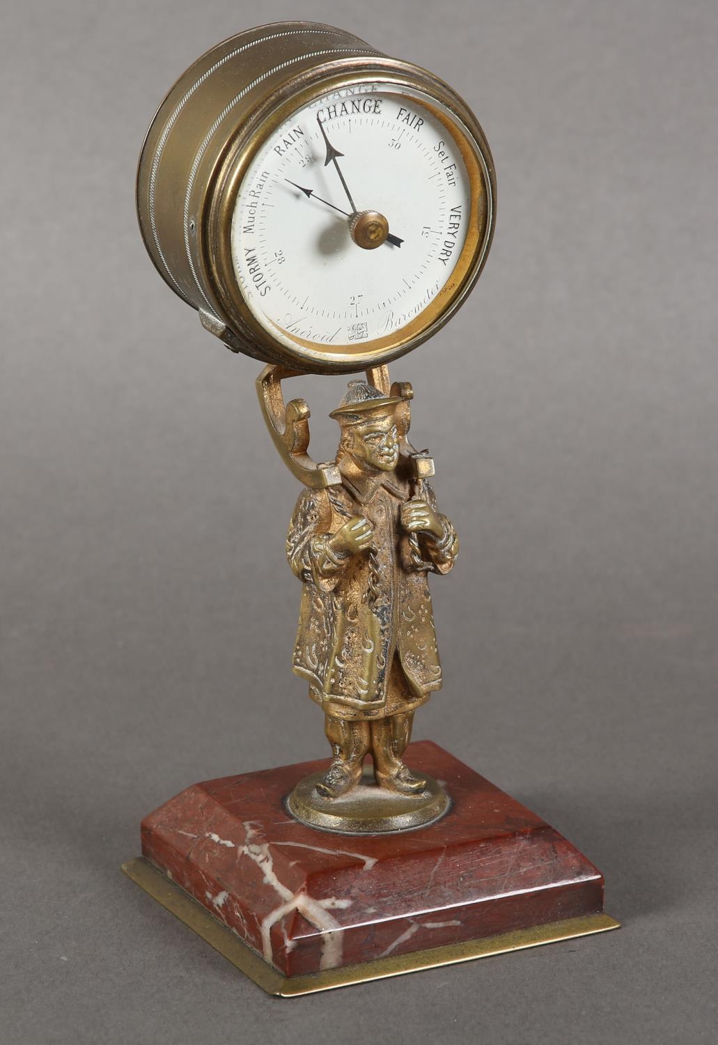 A late 19th century gilt-brass desk barometer, the drum casing held aloft by the figure of a China - Image 3 of 12