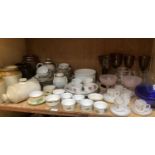 White and gilt glass coffee cans and saucers, glass goblets, cut glass and etched water jugs,