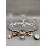 An 18th century style wine goblet engraved GR, a Swarovski style paperweight, a glass spherical