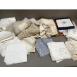 Quantity of table linens including Damask napkins, boxed and loose, Madeira work, drawn thread work,