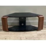 A faux rosewood and black glass two tier television stand