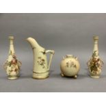 A Royal Worcester jug having an antler shaped handle, printed and painted with sprays of flowers and