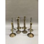 Four pairs of barley twist candlesticks in brass and chrome, 30cm high - 26cm high