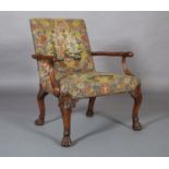 A MAHOGANY ELBOW CHAIR OF MID-18TH CENTURY DESIGN, needlework upholstered back and seat, the