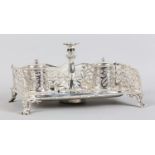A VICTORIAN SILVER DESK STANDISH BY GEORGE IVORY, London 1856, rectangular, having a foliate pierced