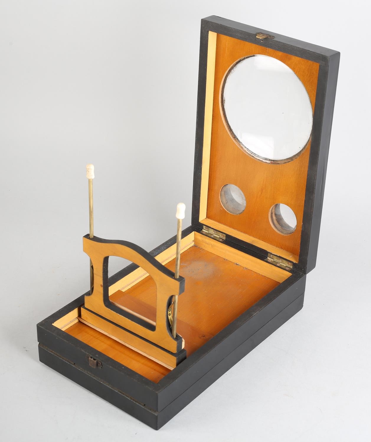 A 19TH CENTURY EBONISED GRAPHOSCOPE TABLE TOP STEREO CARD VIEWER, the cover inscribed Exposition - Image 7 of 7