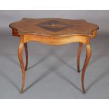 A LATE 19TH CENTURY ROSEWOOD AND INLAID TABLE of oblong serpentine outline inlaid to the centre in