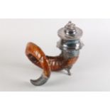 A 19TH CENTURY SILVER PLATE MOUNTED RAM'S HORN TABLE SNUFF MULL, the semi-domed cover with horse