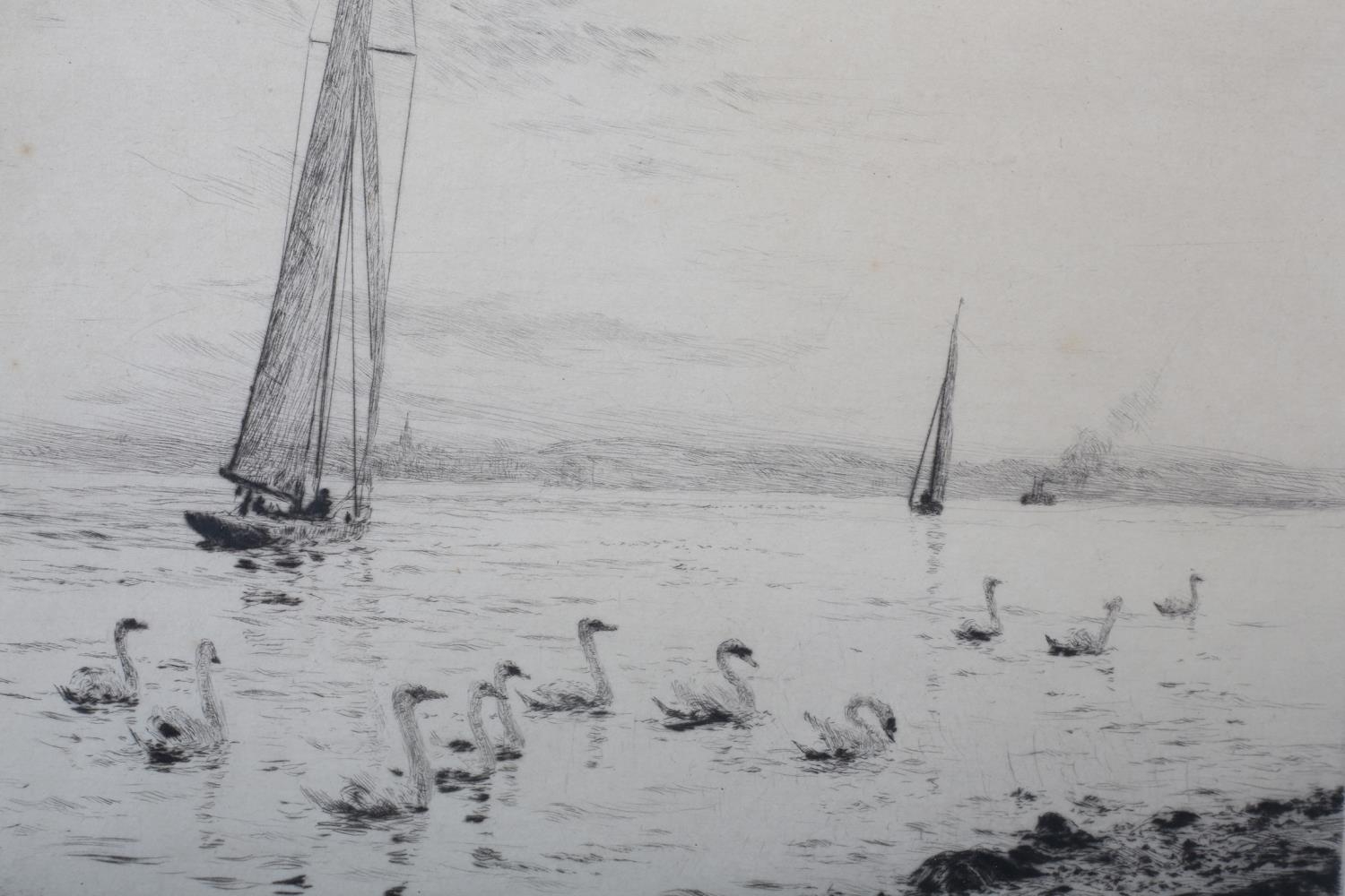 AFTER WILLIAM LIONEL WYLLIE (1851-1931), 'Swan Song', swans on the solent, drypoint etching, - Image 3 of 5