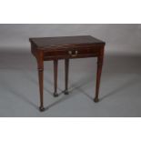 A GEORGE III MAHOGANY CARD TABLE, rectangular, having a fold-over top lined in baise with counter