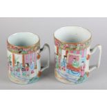 TWO 19TH CENTURY CANTON FAMILLE ROSE TANKARDS each painted with a continuous scene of figures at