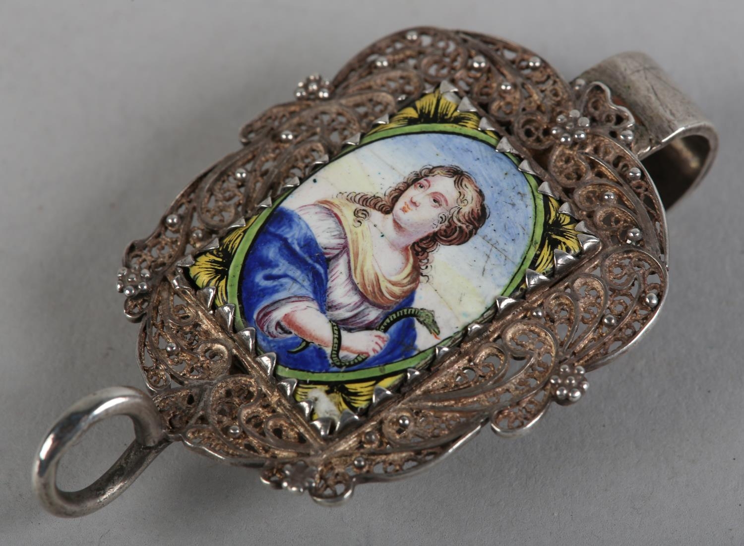 A 19TH CENTURY SILVER AND ENAMELLED CHATELAINE CLIP, mounted with a rectangular plaque painted - Image 2 of 3