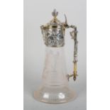 A VICTORIAN SILVER MOUNTED GLASS CLARET JUG BY ELKINGTON & CO, Birmingham 1879, the domed cover with