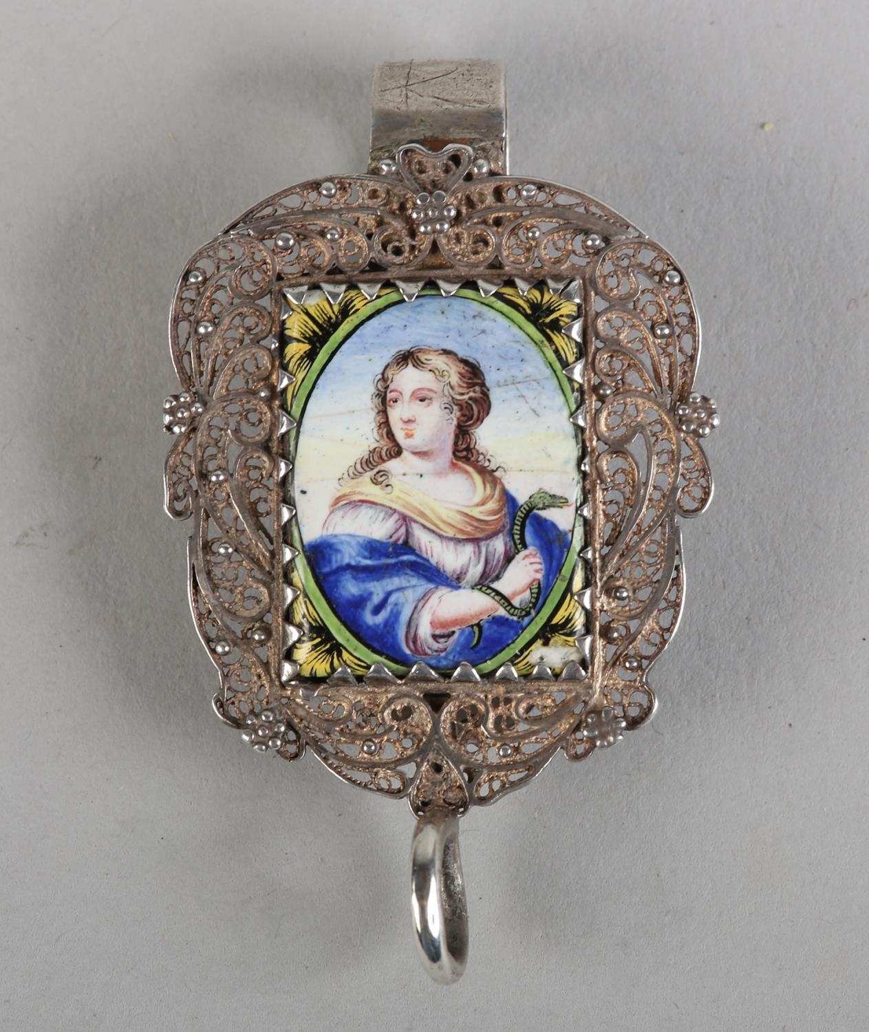 A 19TH CENTURY SILVER AND ENAMELLED CHATELAINE CLIP, mounted with a rectangular plaque painted