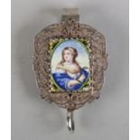 A 19TH CENTURY SILVER AND ENAMELLED CHATELAINE CLIP, mounted with a rectangular plaque painted