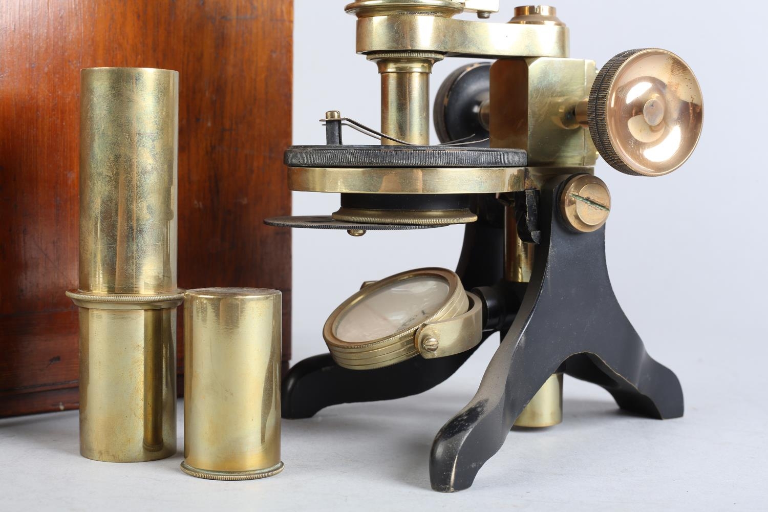 A VICTORIAN BRASS MICROSCOPE BY H HUGHES & SON, 59 Fenchurch St, London, with additional lenses in a - Image 7 of 7