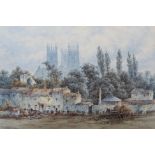 TOM DUDLEY (1857-1935), York from the Railway, cottages, abbey ruins and the Minster beyond,