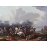 EARLY 19TH CENTURY CONTINENTAL SCHOOL, Mounted battle scene in close combat, a castle beyond, oil on