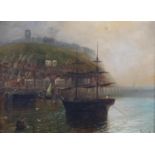 WALTER MEEGAN (1859-1944), sailing ship moored in harbour at first light; Fishing boat entering
