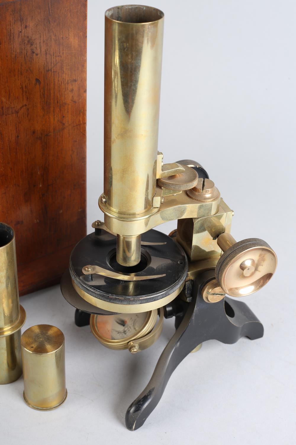 A VICTORIAN BRASS MICROSCOPE BY H HUGHES & SON, 59 Fenchurch St, London, with additional lenses in a - Image 6 of 7