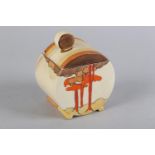 A CLARICE CLIFF BONJOUR SHAPE PRESERVE POT and cover, 10cm high, Bizarre back stamp (at fault)