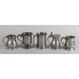 FIVE 19TH CENTURY PEWTER HALF PINT TANKARDS, one lidded, with George IV and Victoria stamps (5)