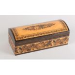 A 19TH CENTURY TUNBRIDGEWARE AND SATINWOOD GLOVE BOX, the domed cover and and sides inlaid with