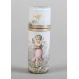 A 19TH CENTURY LIMOGES ENAMELLED ON SILVER GILT PERFUME FLASK, cylindrical with internal glass