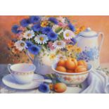 ARR TRISHA HARDWICK (b.1949), Cornflowers and Apricots, still life, oil on canvas, signed to lower