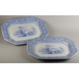 A PAIR OF 19TH CENTURY IRONSTONE CHINA BLUE AND WHITE MEAT PLATES, transfer printed with figures