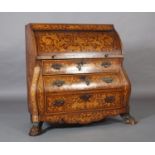 A 19TH CENTURY DUTCH WALNUT MARQUETRY BOMBE CYLINDER BUREAU all over inlaid in satinwood, harewood