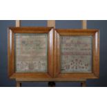 TWO 19TH CENTURY SAMPLERS worked in coloured wools with the alphabet, numbers, flowering trees and a