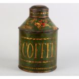 A 19TH CENTURY TOLEWARE TEA CANISTER, cylindrical, the green ground with gilt chinoiserie design and