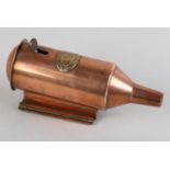 A LATE 19TH CENTURY COPPER WALL MOUNTED SOAP DISPENSER, cylindrical with domed lid and brass