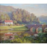 JM MALLENDER (late 19th/20th century), river landscape with bridge and cottage, oil on board, signed