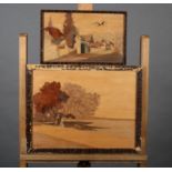 CHARLES SPINDLER (French 1865-1938), In Provence and Thann, marquetry panels, two, incised signature