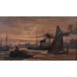 FREDERICK GOLDEN SHORT (1836-1936), Thames barges and steamer on the river at sunset, oil on